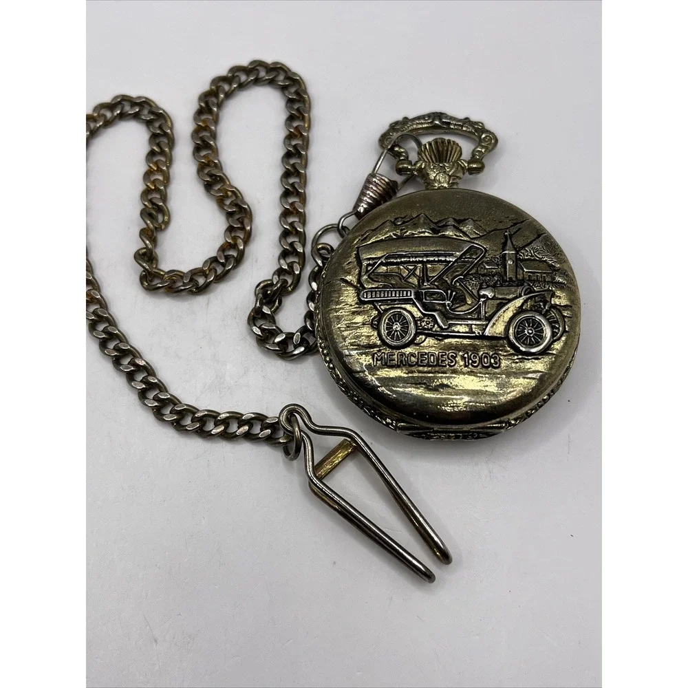 Mercedes 1903 Quemex Quartz Pocket‎ Watch 47mm Case w/ Chain- New Battery